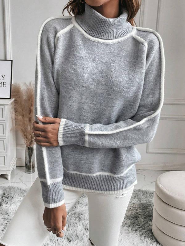 Long Sleeves Loose Contrast Color Split-Joint High Neck Sweater Tops Product Image