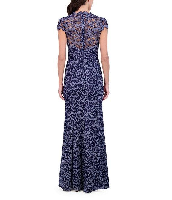 Eliza J Illusion Lace Neck Cap Sleeve V-Neck Mermaid Gown Product Image