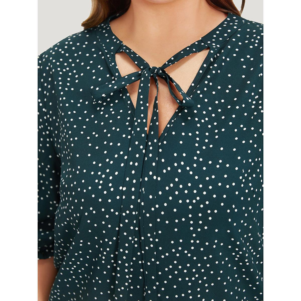 Plus Size DarkGreen Polka Dot Knot Neck Lantern Sleeve Blouse Women Office Half Sleeve Tie Neck Work Blouses BloomChic 22-24/3X Product Image