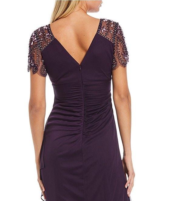 Xscape Short Beaded Sheer Flutter Sleeve Cascading Draped Waist V-Neck Beaded Gown Product Image