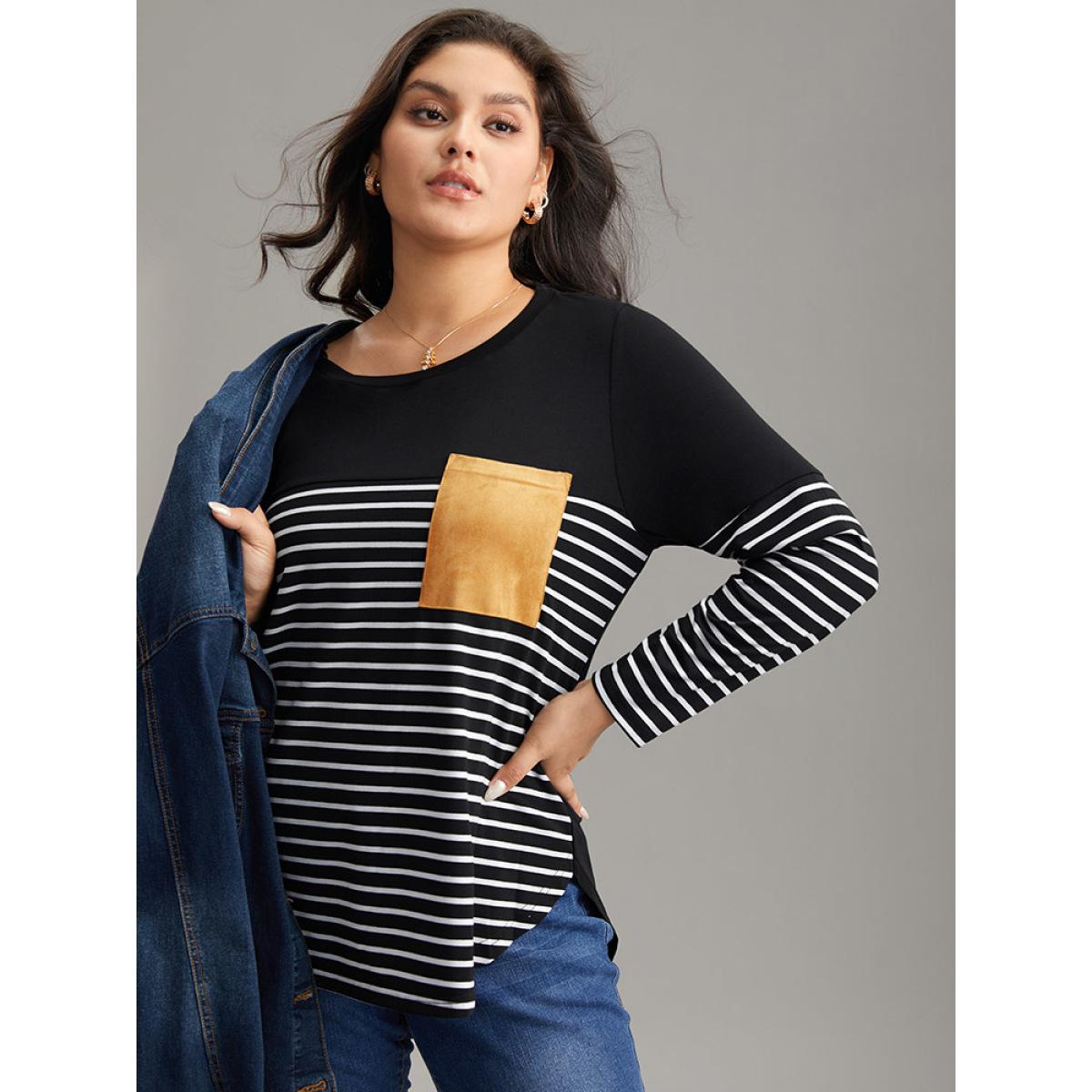 Plus Size Striped Contrast Patched Pocket Arc Hem T-shirt Black Women Casual Contrast Striped Round Neck Dailywear T-shirts BloomChic 22-24/3X Product Image