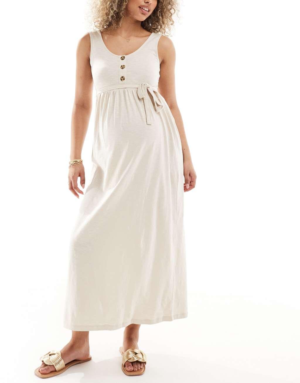 Mamalicious Maternity 2 function nursing button through maxi sundress in cream Product Image