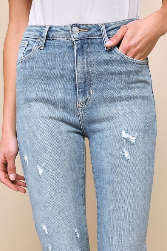 Extra Trendy Distressed Light Wash High-Waisted Slim Leg Jeans Product Image