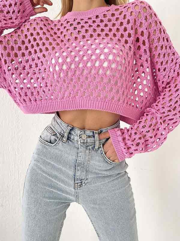 Knit Loose Cutout Crop Long Sleeve Tee Product Image