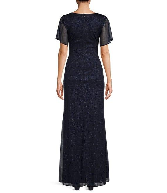 Ignite Evenings Short Sleeve Round Neck Front Slit Glitter Jersey Dress Product Image