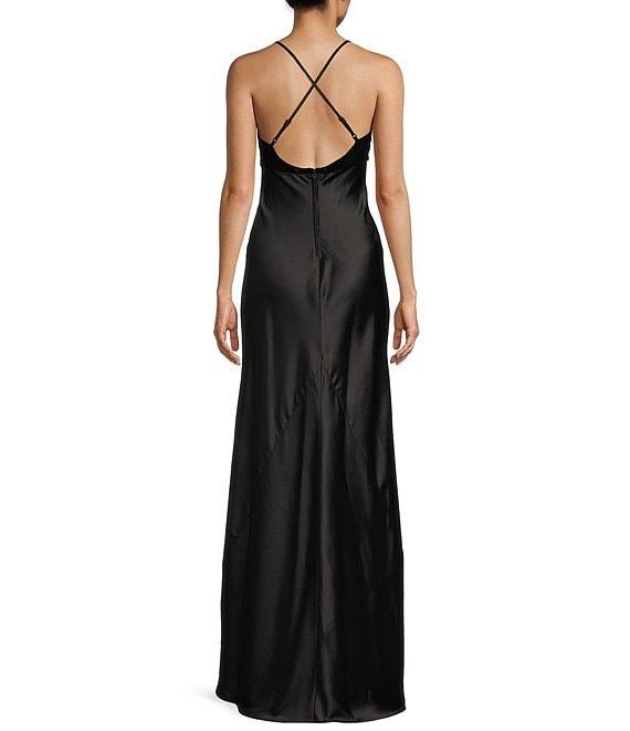 Pear Culture Velvet Satin V-Neck Spaghetti Strap Rhinestone Bow Dress Product Image