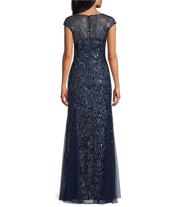 Alex Evenings V-Neck Cap Sleeve Floral Embroidered Stretch Tulle Godet Skirt Long Dress Product Image