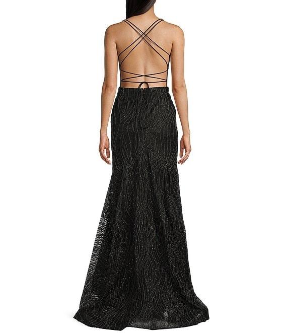 Blondie Nites Glitter Print V-Neck Double Spaghetti Strap Corset Tie Back Dress Product Image