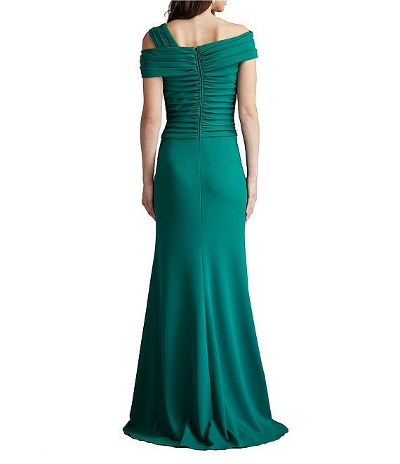 Tadashi Shoji Crepe Asymmetrical Neck Cold Shoulder Cap Sleeve Pleated Gown Product Image