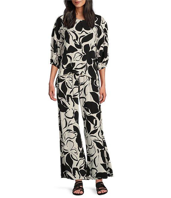 Bryn Walker Woven Lucinda Floral Petal Print Round Neck 3/4 Sleeve Hi-Low Hem Shirt Product Image