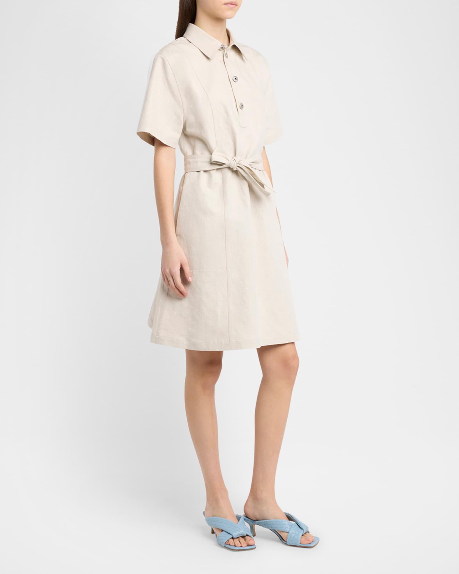 Short-Sleeve Belted Cotton-Linen Twill Mini Shirtdress Product Image