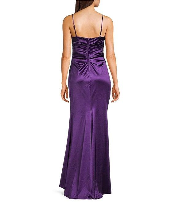B. Darlin V-Neck Shirred Front Slit Long Satin Dress Product Image