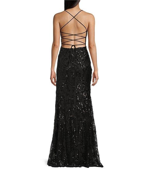 Midnight Doll Sequin Patterned Spaghetti Strap Square Neck Lace Up Back Side Slit Dress Product Image