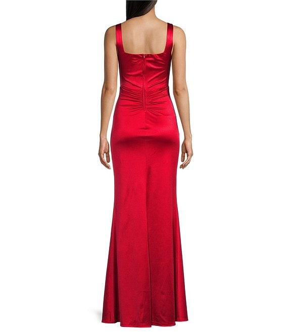 Honey and Rosie Sateen Square Neck Sleeveless Front Slit Gown Product Image