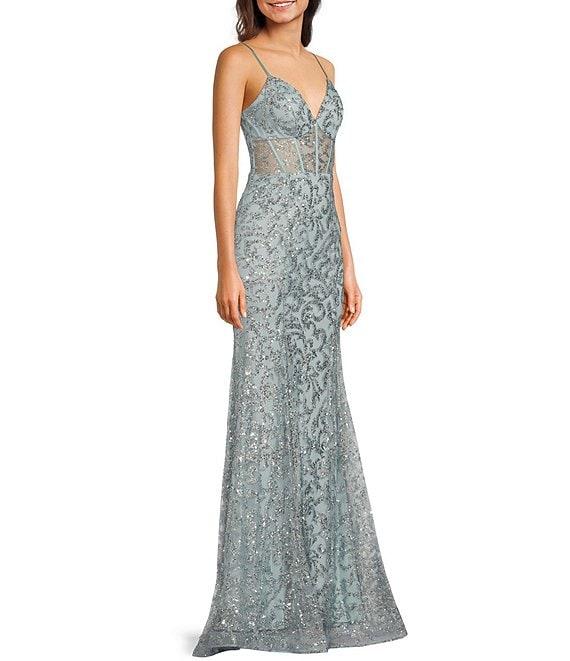 Blondie Nites Glitter Sequin Pattern V-Neck Spaghetti Strap Corset Lace-Up Back Gown Product Image