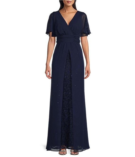 Ignite Evenings Short Flutter Sleeve V-Neck Sequin Lace Detail Front Slit A-Line Gown Product Image