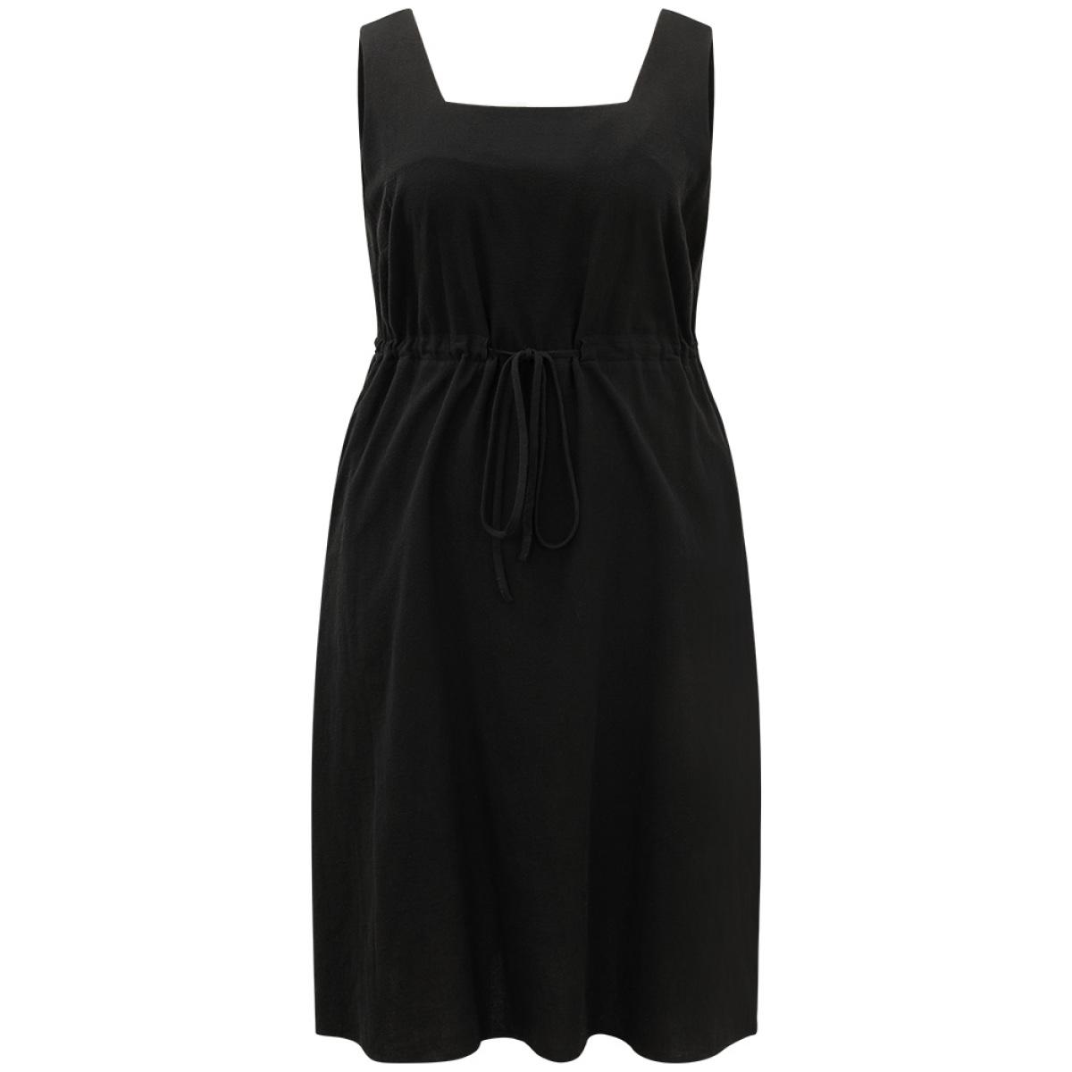 Plus Size Plain Pocket Drawstring Square Neck Tank Dress Black Women Casual Plain Square Neck Sleeveless Curvy Midi Dress BloomChic 22-24/3X Product Image