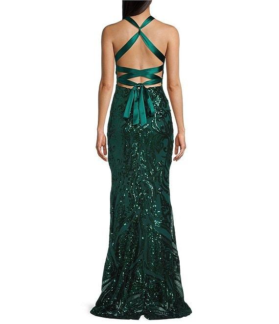 B. Darlin Sequin Pattern V-Neck Wide Strap Lace Up Back Dress Product Image