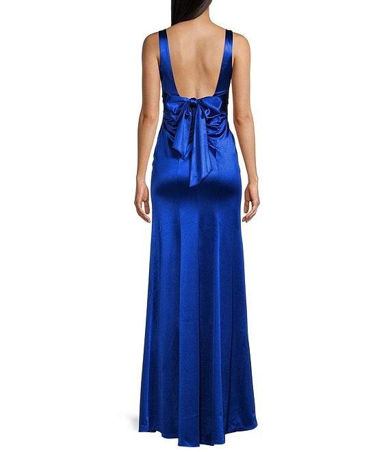 Honey and Rosie Sateen Sleeveless Square Neck Tank A-Line Front Slit Gown Product Image