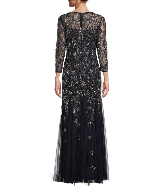 Adrianna Papell Beaded Illusion 3/4 Sleeve Scoop Neck Gown Product Image