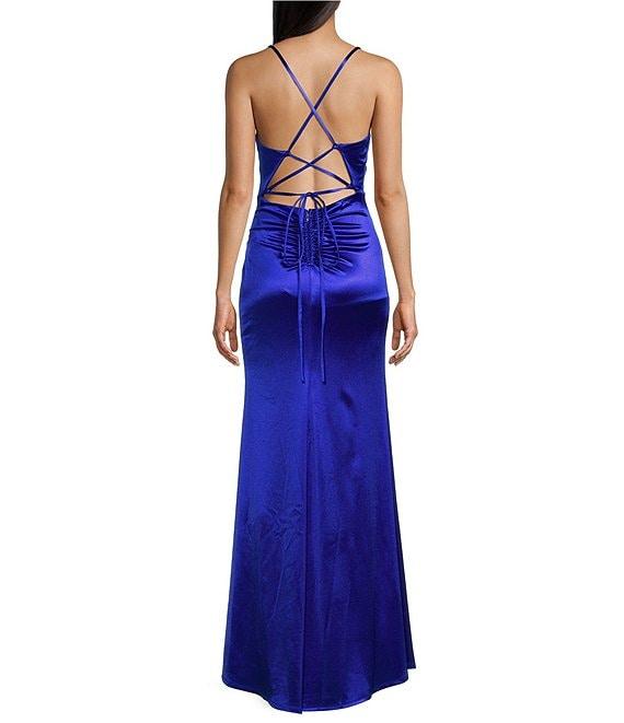 Midnight Doll Crystal Satin V-Neck Spaghetti Strap Side Slit Dress Product Image