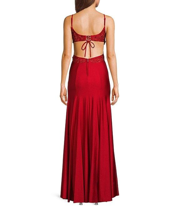 Dear Moon V-Neck Spaghetti Strap Embellished Double Princess Seam Cut Out Back Gown Product Image