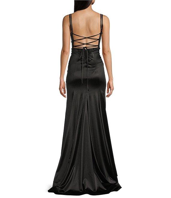 Honey and Rosie Sateen V-Neck Double Spaghetti Strap Lace Back Gown Product Image