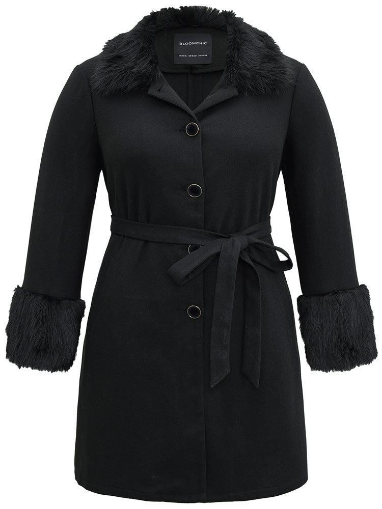 Solid Fuzzy Trim Button Through Belted Coat Female Product Image