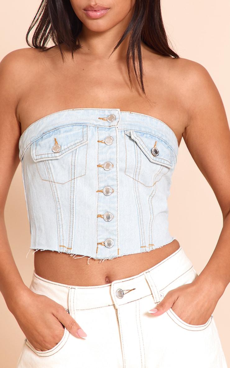 Light Blue Wash Pocket Detail Cropped Denim Corset Top Product Image