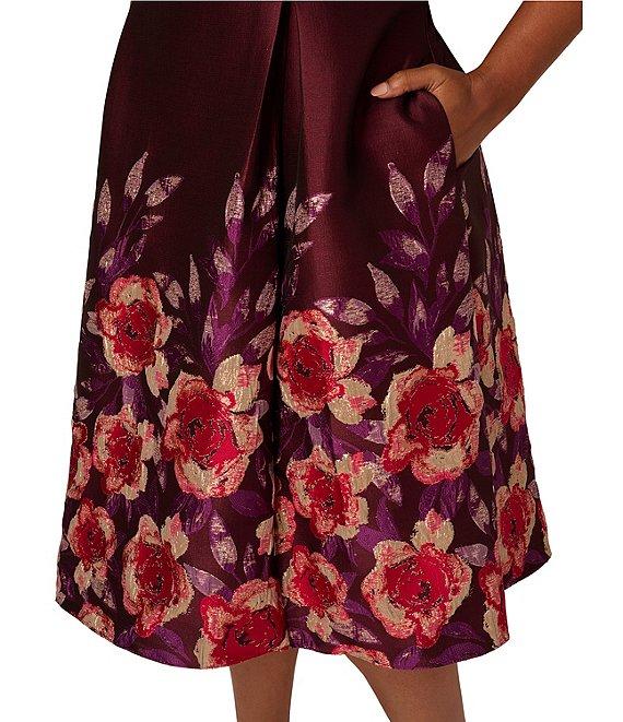 Adrianna Papell Plus Size Jacquard Notch Scoop Neck Floral Print Pleated Sleeveless Midi Dress Product Image