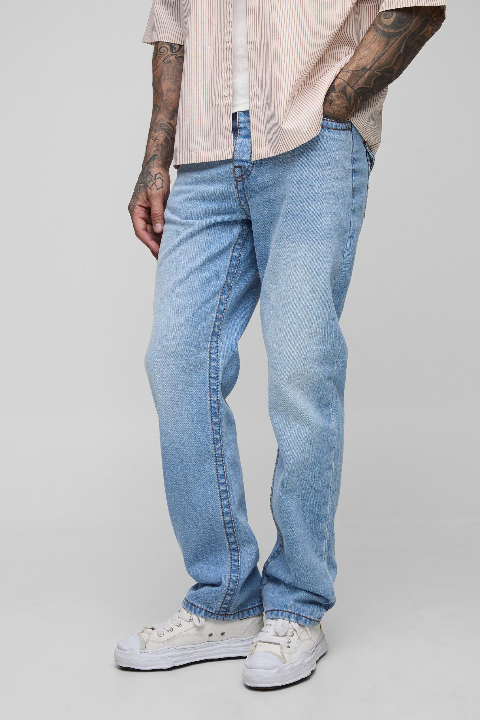 Tall Chunky Contrast Stitch Straight Leg Jeans | boohooMAN USA Product Image