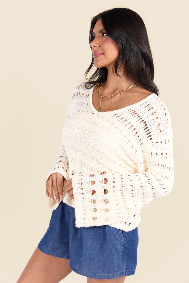 Chasing Daylight Cream Open Knit V-Neck Sweater DOORBUSTER Product Image