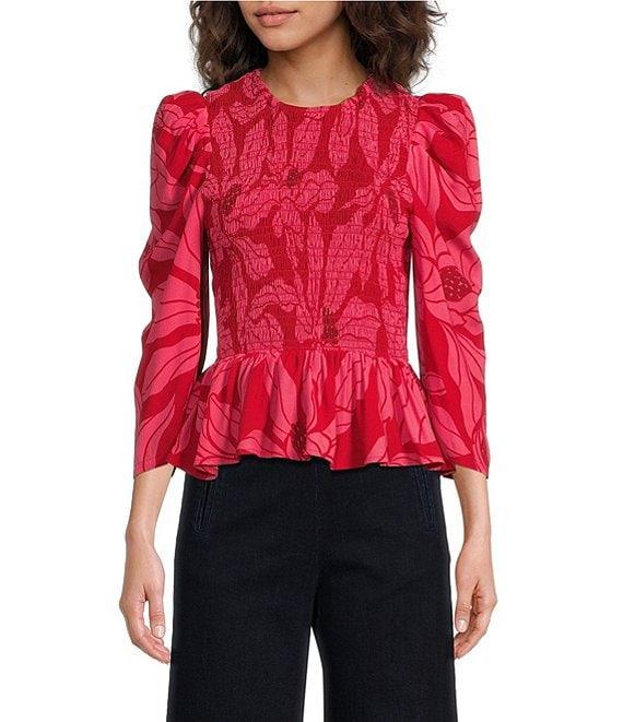 COREY LYNN CALTER Zadie Crepe Round Neck 3/4 Puff Sleeve Smocked Peplum Top Product Image