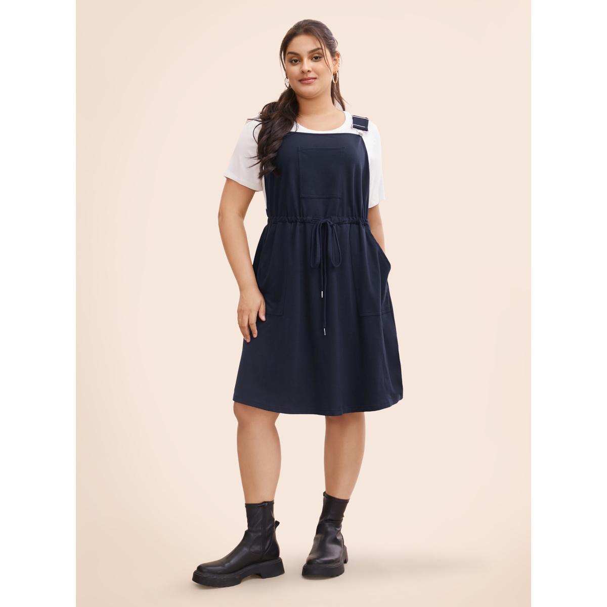 Plus Size Plain Pocket Drawstring Overall Dress Navy Women Casual Non Non Sleeveless Curvy BloomChic 28/5X Product Image