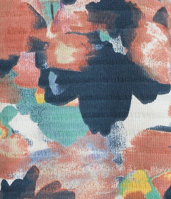 Westbound Petite Size Knit Dark Denim Blur Floral 3/4 Ruched Sleeve Top Product Image