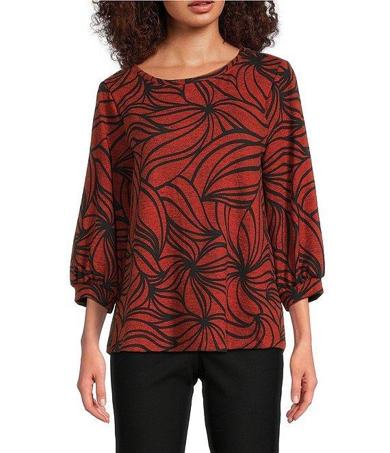 Ali Miles Petite Size Brushed Knit Stripe Round Neck 3/4 Cuff Sleeve Tunic Product Image