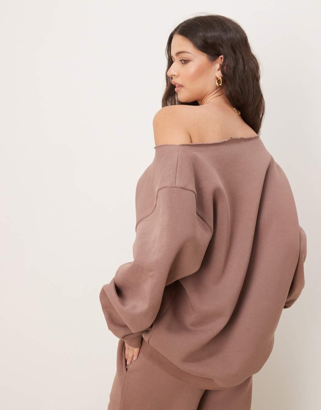 ASOS DESIGN off shoulder sweat in chocolate - part of a set Product Image