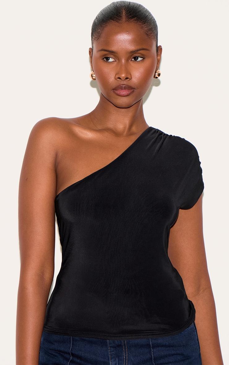 Black Slinky One Shoulder Detail Long Top Product Image