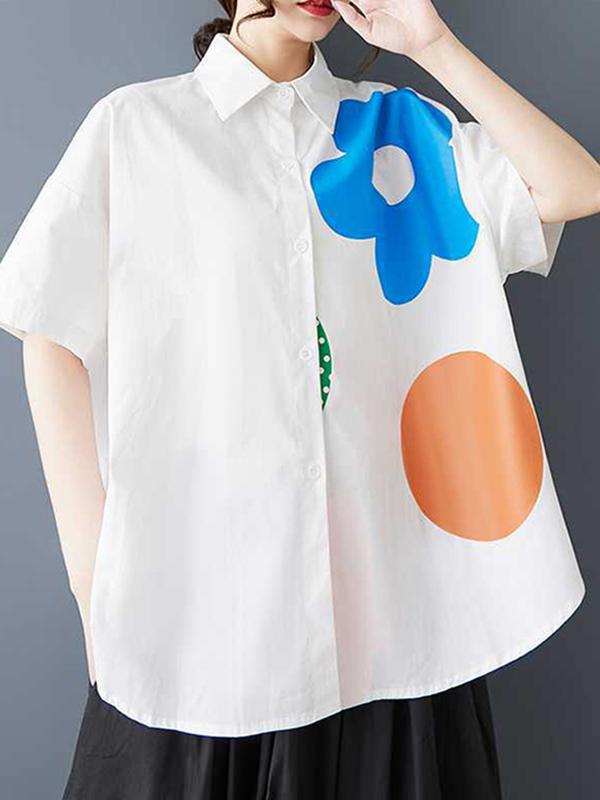 Loose Short Sleeves Buttoned Flower Print Lapel Blouses&Shirts Tops Product Image
