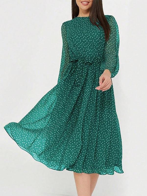 A-Line High Waisted Polka-Dot Tied Waist Round-Neck Midi Dresses Product Image