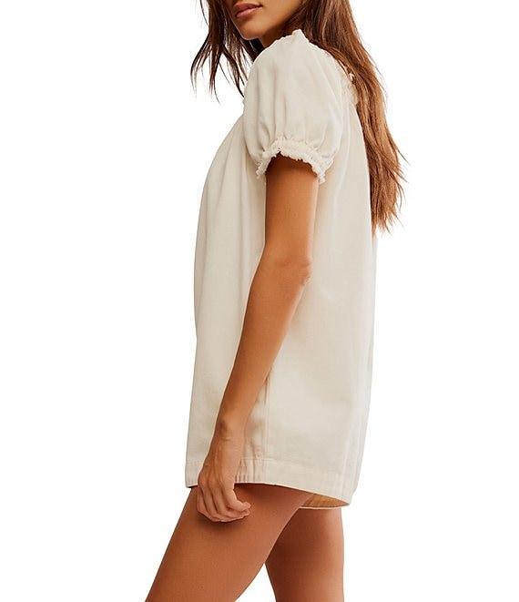 Free People Daisy Denim Square Neck Short Puff Sleeve Babydoll Romper Product Image