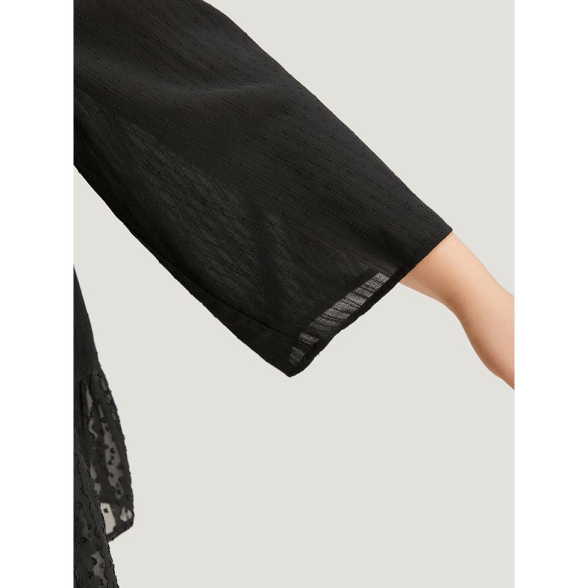 Plus Size Black Plain Textured V Neck Elastic Waist Ruffle Hem Blouse Women Elegant Elbow-length sleeve V-neck Dailywear Blouses BloomChic 10/M Product Image