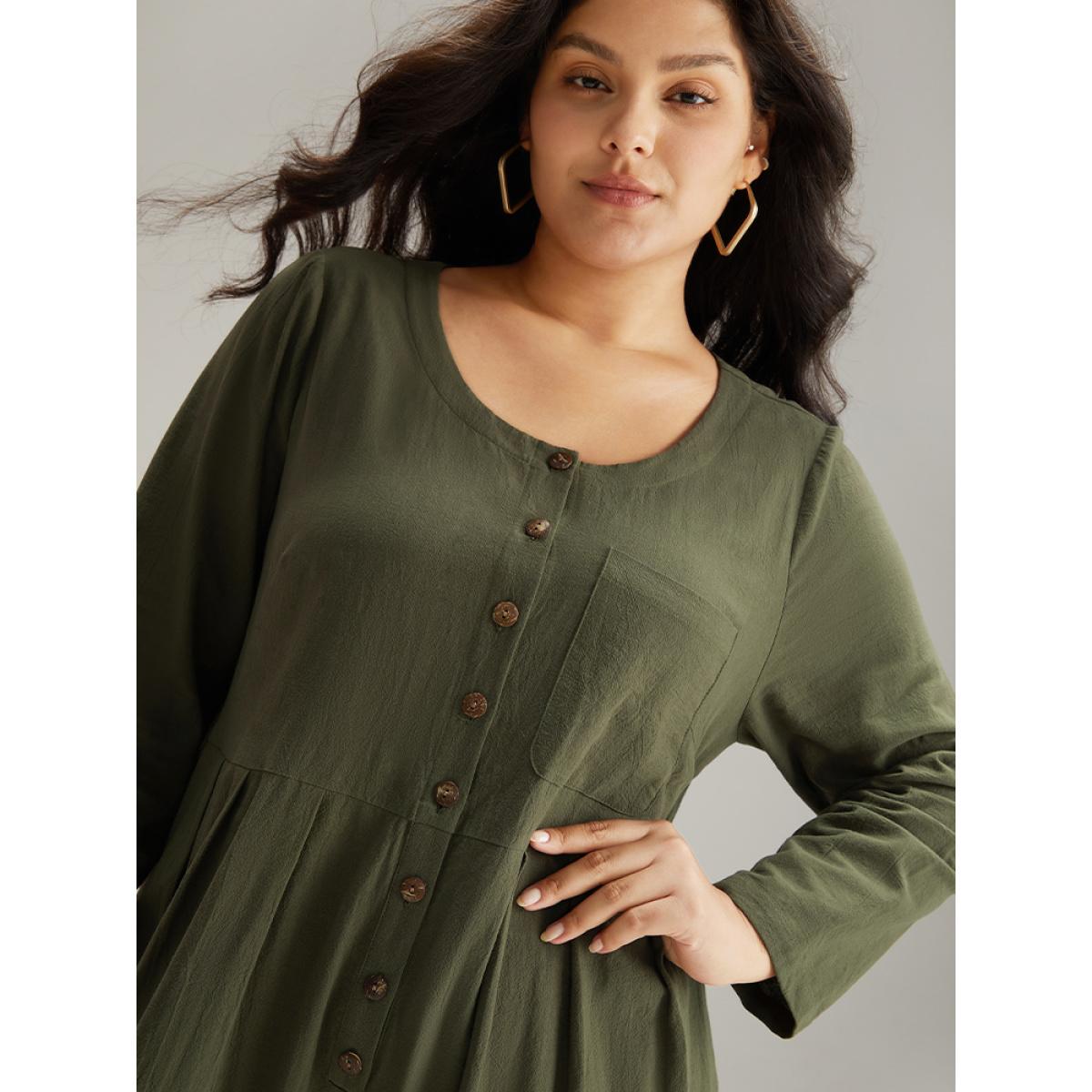 Plus Size ArmyGreen Plain Pocket Button Up Pleated Jumpsuit Women Basics Long Sleeve Round Neck Everyday Loose Jumpsuits BloomChic 28/5X Product Image