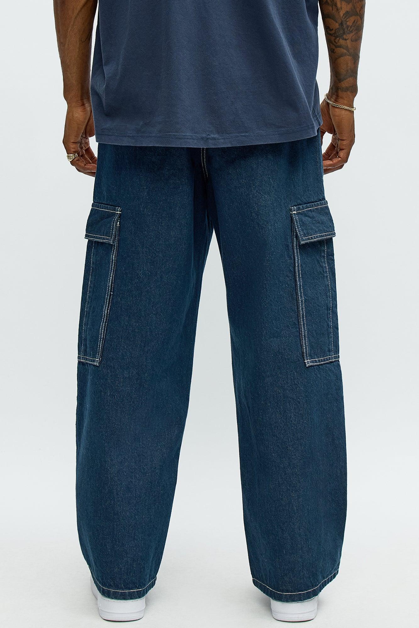 Deep End Contrast Stitch Baggy Jeans - Dark Wash Male Product Image