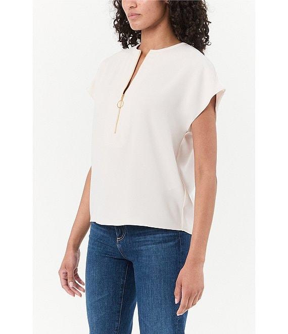 Trina Turk Hasil Georgette Zip Round Neck Short Sleeve Blouse Product Image