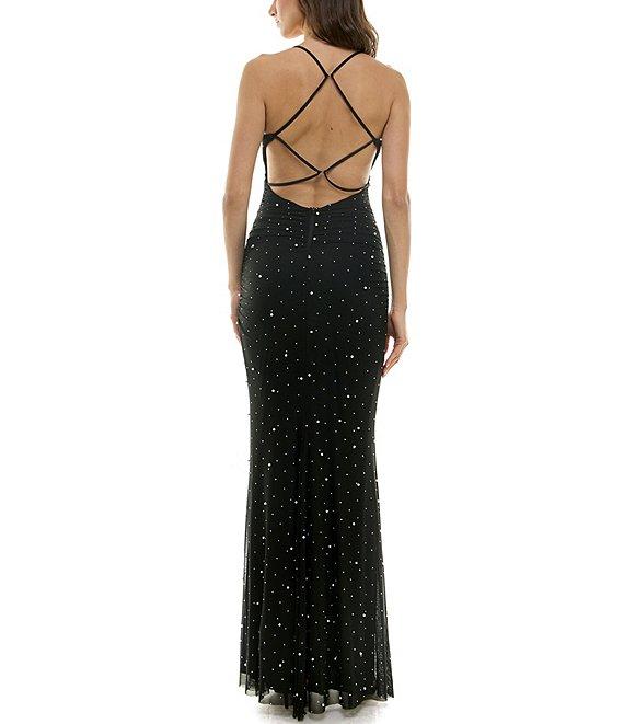 B. Darlin Stone Pearl Square Neck Spaghetti Strap Shirred Open Back Dress Product Image
