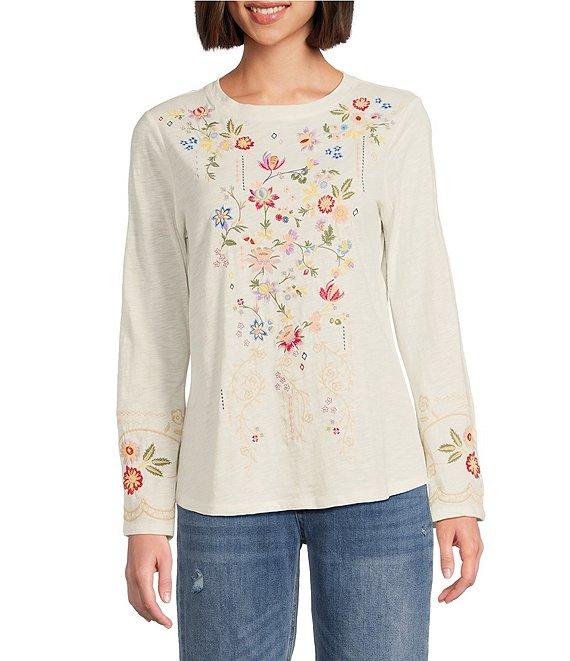 Reba Jersey Knit Floral Embroidery Crew Neck Long Bell Opening Sleeve T-Shirt Product Image