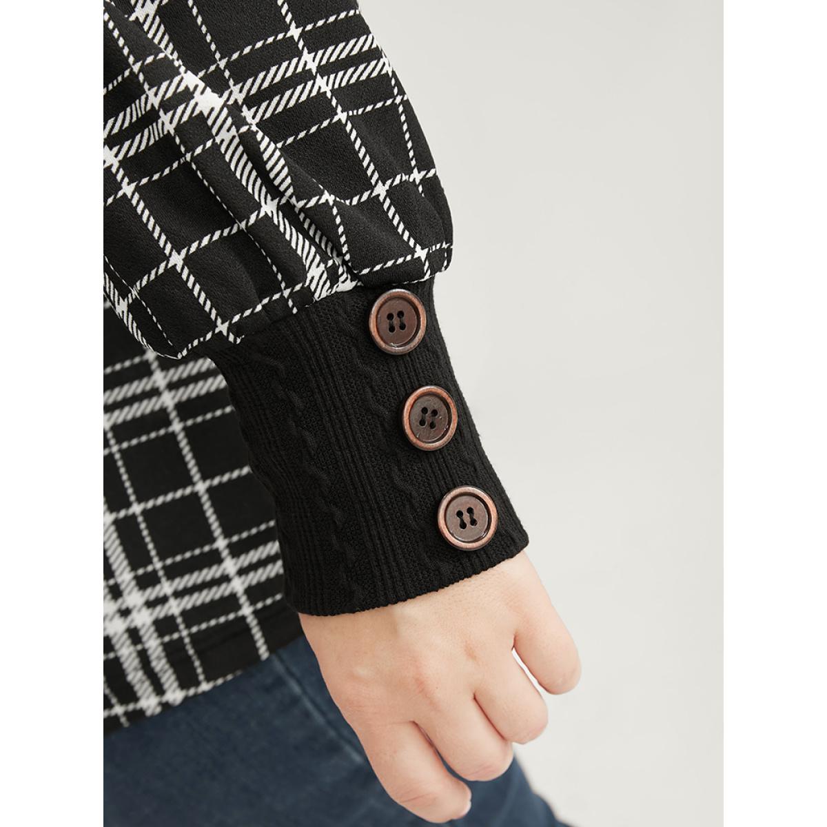 Plus Size Plaid Patchwork Button Detail Funnel Neck Sweatshirt Women Black Elegant Contrast Turtleneck Dailywear Sweatshirts BloomChic 10/M Product Image