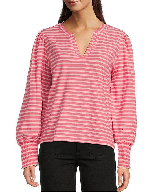 APNY Striped V-Neck Long Peasant Sleeve Top Product Image