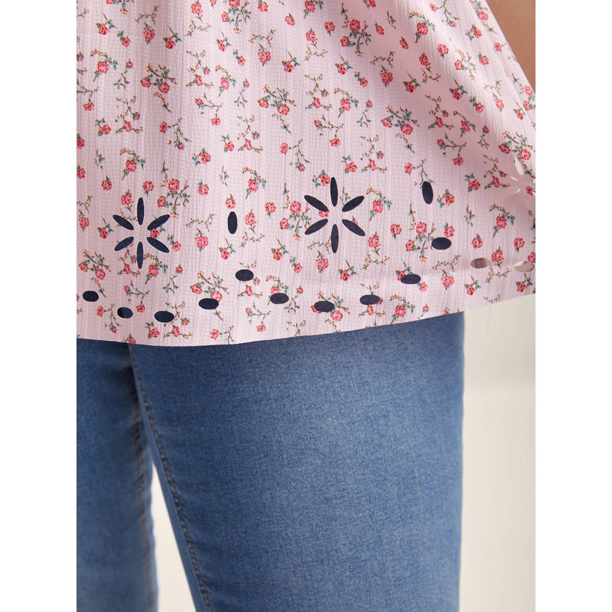 Plus Size Lightpink Shirred Laser Cut Hem Floral Blouse Women Cap Sleeve V-neck Everyday-Elegant Blouses BloomChic 12/L Product Image